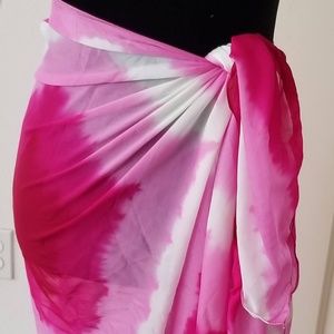 Pink Sheer Sarong Pareo Wrap Skirt Beaded Fringe